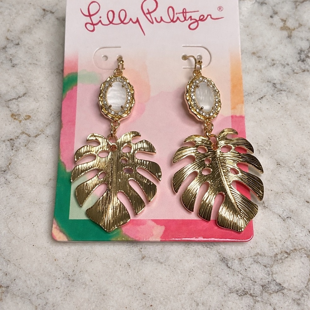 Lilly Pulitzer Gold Monstera Leaf Drop Earrings NWT (BR1212/4) - Picture 2 of 4